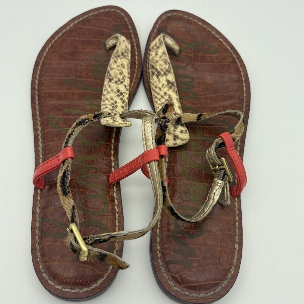 Sam Edelman Tan/Cream/Coral Gigi Leather Faux Animal Fur/Snakeskin Thong Sandal